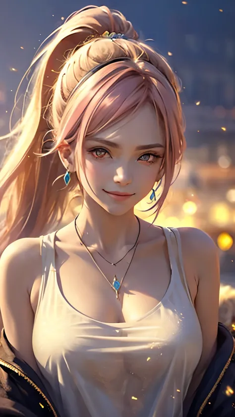 Pink Hair, Front Ponytail, Eye Reflexes, Red contact lenses, Pink Eyes, Heterochromia iridis，Put on earrings, blue crystal penda...