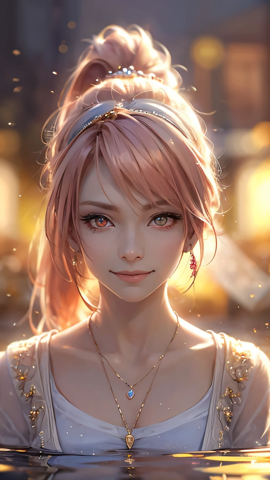 Pink Hair, Front Ponytail, Eye Reflexes, Red contact lenses, Pink Eyes, Heterochromia of the iris，Put on earrings, blue crystal pendant，Wicked Smile, hair band，Attention to detail, Romanticism, Written boundary depth, Shine, Ray Tracing, Viewfinder, Zoom Layer, close, bokeh, Anatomically correct, Attention to details, 1080P, Ultra Hi-Vision
woman，High Ponytail，Oversized T-shirt，More on water patterns on clothes，The expression is solemn，reflected light，
Gorgeous and delicately shining small butterfly hair accessory，Vibrant colors，Detailed engraving，Shine brightly，Attention to detail，The jewelry is of high quality，Very high quality