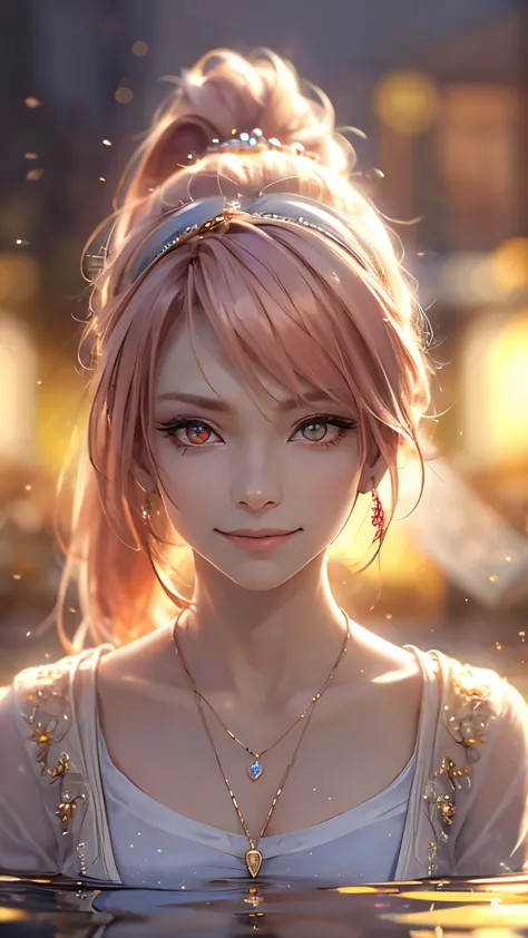 Pink Hair, Front Ponytail, Eye Reflexes, Red contact lenses, Pink Eyes, Heterochromia iridis，Put on earrings, blue crystal penda...