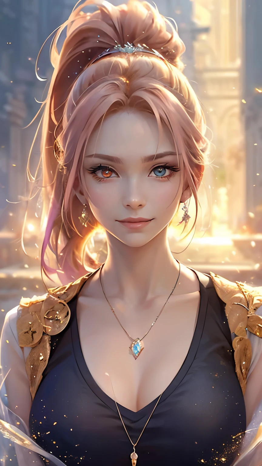 Pink Hair, Front Ponytail, Eye Reflexes, Red contact lenses, Pink Eyes, Heterochromia of the iris，Put on earrings, blue crystal pendant，Wicked Smile, hair band，Attention to detail, Romanticism, Written boundary depth, Shine, Ray Tracing, Viewfinder, Zoom Layer, close, bokeh, Anatomically correct, Attention to details, 1080P, Ultra Hi-Vision
woman，High Ponytail，Oversized T-shirt，More on water patterns on clothes，The expression is solemn，reflected light，
Gorgeous and delicately shining small butterfly hair accessory，Vibrant colors，Detailed engraving，Shine brightly，Attention to detail，The jewelry is of high quality，Very high quality