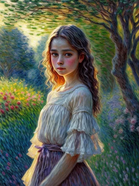 (Girl in the Garden by Claude Monet,Beautiful and gentle eyes,beautiful and tender lips,extremely detailed eyes and face, long e...