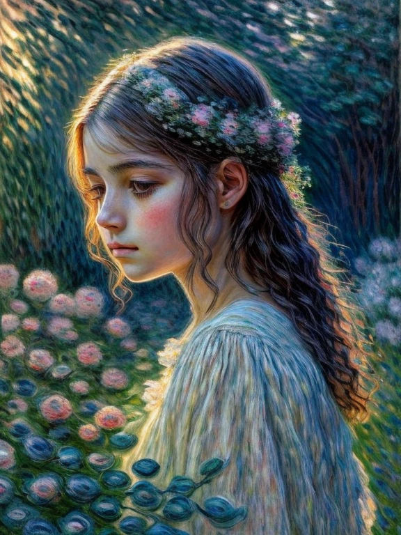 (Girl in the Garden by Claude Monet,Beautiful and gentle eyes,beautiful and tender lips,extremely detailed eyes and face, long eyelashes, impressionistic techniques, bright colors, stunning visual effects, Eternal calm, drawing,super great, professional, bright colors, Clear Focus, HDR, Physically based rendering, masterpiece:1.2, a high resolution, Ultra HD, studio lighting, Romantic, soft strokes, calm atmosphere)