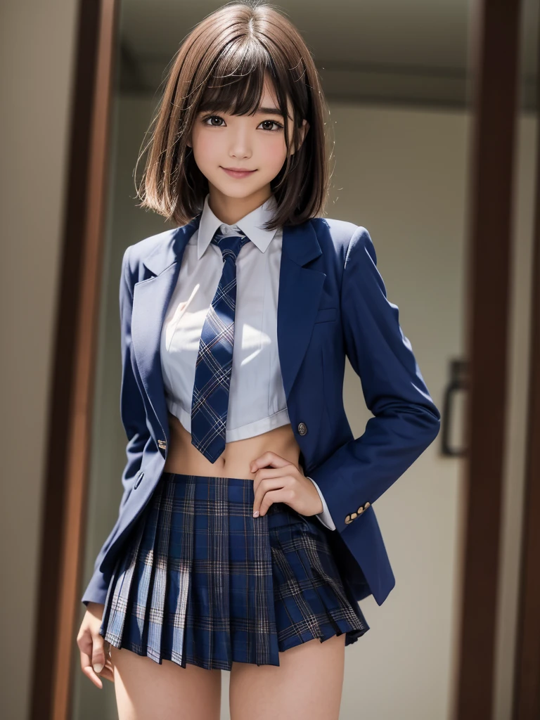 (8k, RAW Photos, highest quality), Stand in the classroom of school, (((((((One woman))))))), ((Brown Hair)), ((Short Bob Hair)), ((Detailed eyes)), ((smile)), ((White blouse)), ((tie)), (((Dark blue closed blazer))), (((A blue plaid pleated miniskirt that wraps around the hips))), Asymmetrical bangs, 少しのsmile, Thighs, knees, Random pose，pretty girl，Slender girl