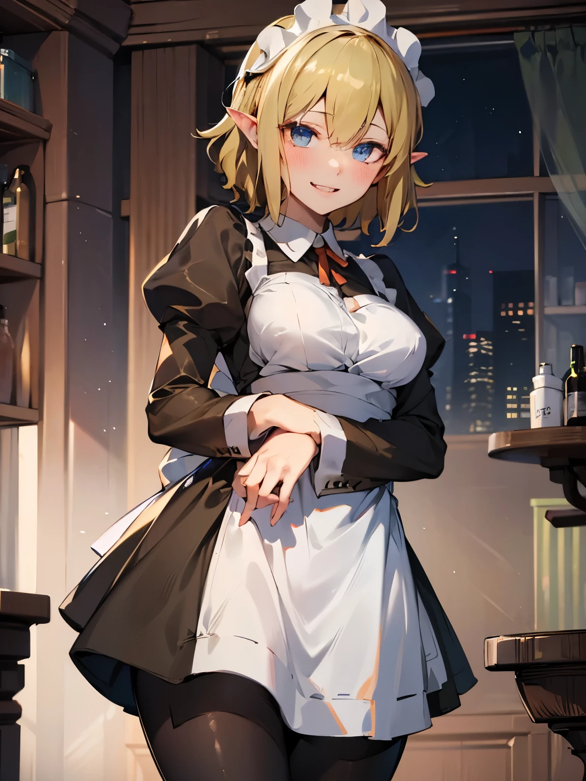 Ryu Lion、Blonde、blue eyes、Elf、Eye hair、Pointy Ears、short hair、(Small breasts:1.2),apron、黒pantyhose、dress、緑のdress、Long sleeve、Maid、Maidapron、Maid頭飾り、pantyhose、白apron,(Perfect hands),(Perfect Anatomy),(masterpiece),(highest quality),smile