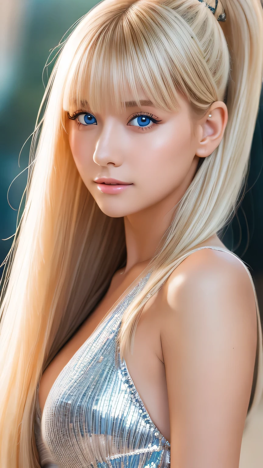 Portrait、、Bright expression、ponytail、Young shiny glossy white glossy skin、Great looks、Blonde reflection、Bangs between the eyes、bangs on the face、Platinum blonde hair with dazzling highlights、Shiny bright hair,、Smooth, super long, straight hair、Shiny beautiful bangs、Sparkling, crystal clear, attractive big blue eyes、Very beautiful, lovely and cute 16 year old girl、Ample Bust