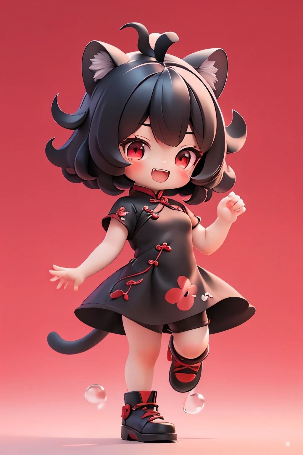 Matte blind box，((Red cheongsam))，Simple background，best quality,Cat ears,Clear fingers,(Red eyes),Black short hair,Aho,(cute),laughing out loud,Tiger Teeth
