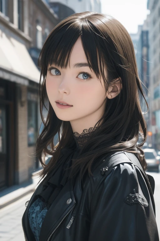 (Black rider jacket:1.1), (masterpiece, highest quality, pretty girl, Beautiful Face, 8k, RAW Photos, Realistic, Absurd:1.2), teens, Cowboy Shot, Dutch Angle, Face Light, Film Grain, chromatic aberration, High resolution, Super detailed, In detail, Light blue ruffle lace dress, Detailed skin, eyes and face, Sharp pupils, Realistic students, Sharp focus, street