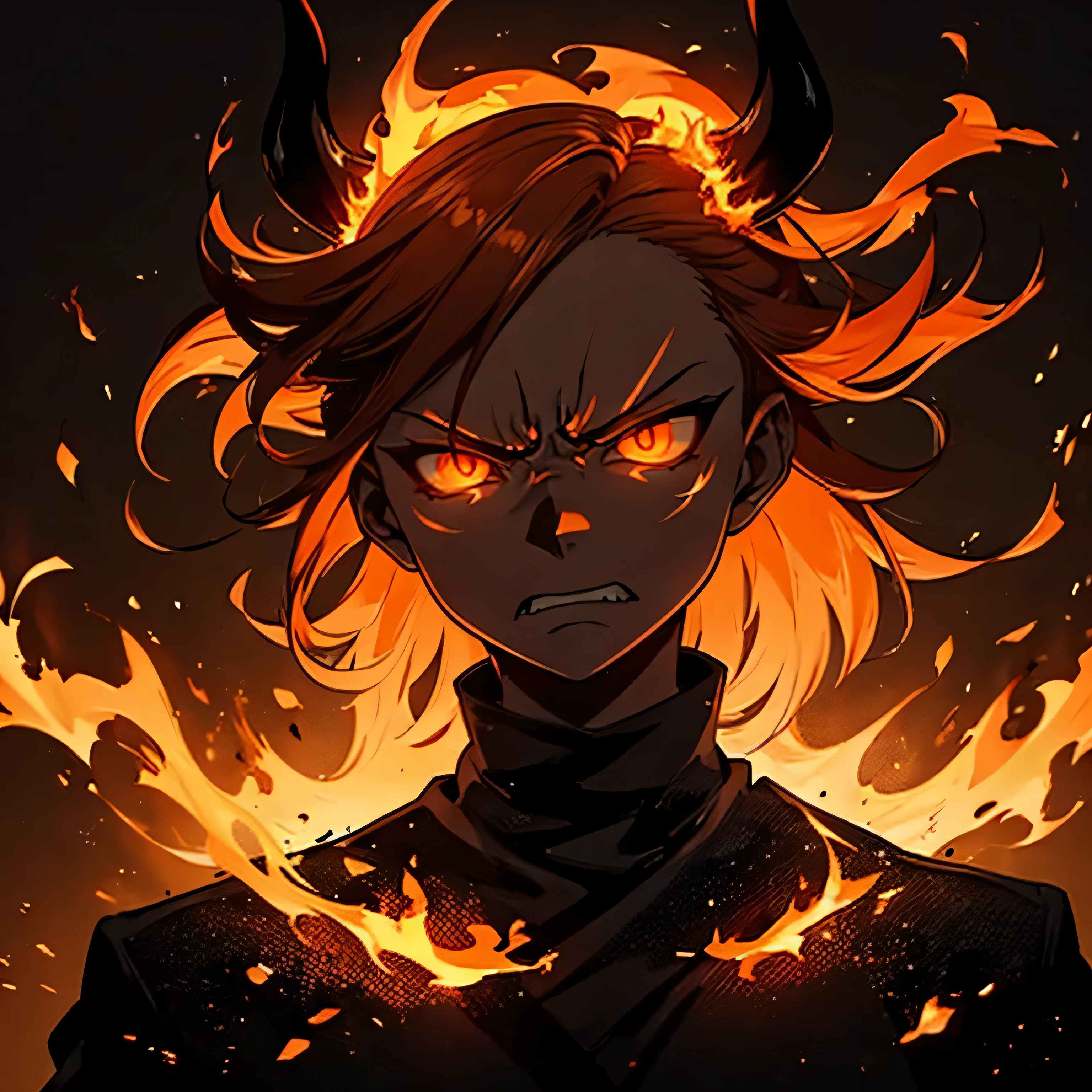 minimalistic, angry face, demon, only silhouette, dark shadow, glowing eyes, orange hair, with clean background, special effects, flaming aura