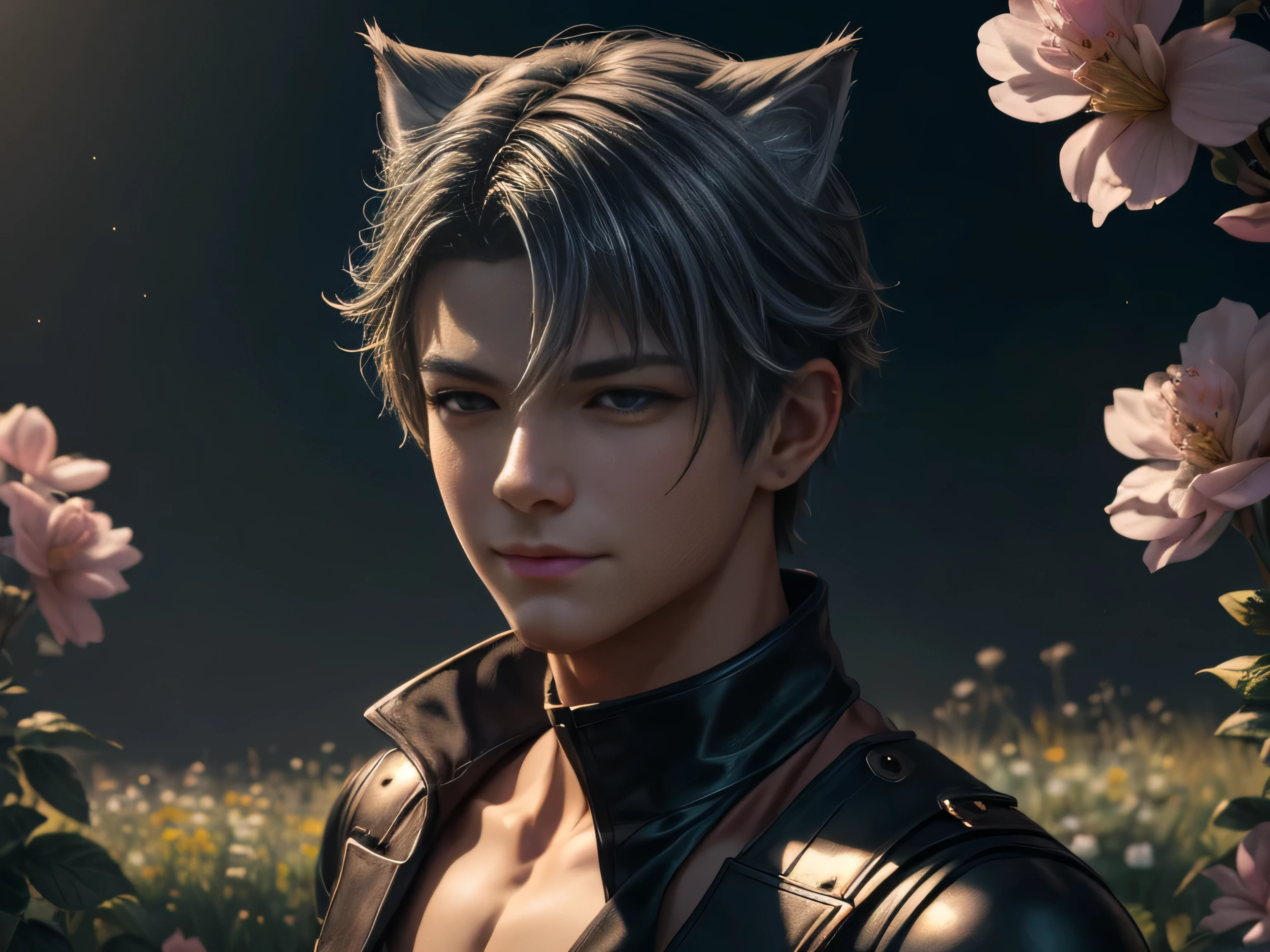 (Best Quality, 8K, Masterpiece, HDR, Soft Lighting, Picture Perfect, Realistic, Vivid), There is a garden with blue and pink flowers, there is a handsome man with cat ears lying on the grass, he has beautiful gray eyes and a kind smile, dark hair, he has a naked torso with a perfect body and black leather pants with military boots, he is stroking little cute foxes lying on the chest, (ultra high quality fantasy art, majestic fantasy style, masterpiece, ultra high quality male character design, 8k quality anime art, realistic anime art, highest quality wallpaper illustration, detailed ultra high quality accurate male face, high quality design and accurate physics , male character)(ultra high quality fantasy art, dark fantasy style, masterpiece, ultra high quality character design, 8k quality anime art , Realistic Anime Art, Highest Quality Wallpaper Illustration, Detailed Ultra High Quality Accurate Face, High Quality Design and Accurate Physics), Color Difference, Depth of Field, Dramatic Shadows, Ray Tracing, Best Quality, Highly Detailed CG, 8K Wallpapers, [Carefully Rendered hair [Read more about beautiful and shiny hair]] ,(Perfect hand detail [Beautiful fingers without breakage [Beautiful nails]],(Perfect anatomy (Perfect proportions)) [[Resembles the whole body]],[Perfect color combination (Accurate simulation of interaction light and material)], [Visual art that conveys the meaning of history]