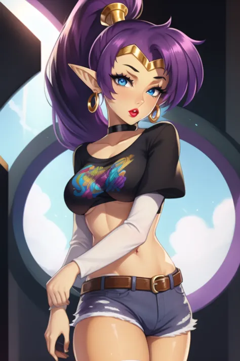 1girl,shantae, choker, hoop earrings, high ponytail, ((tan_skin)),pointy ears,purple_hair,blue_eyes, 1girl, solo, standing, blac...