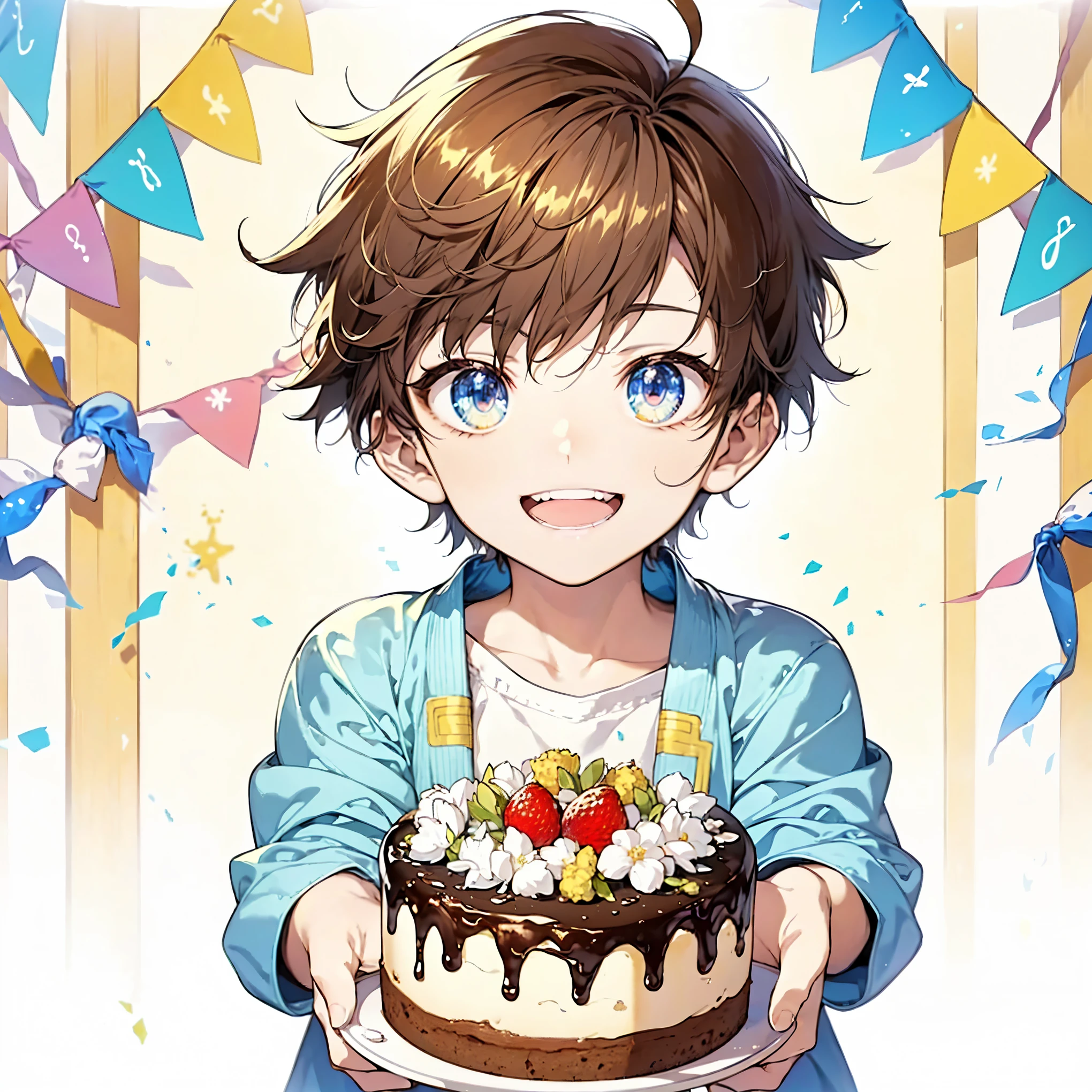 A cute anime-style young boy offering a cake. The boy has a cheerful expression, large sparkling eyes, and is wearing casual clothes. He is standing with the cake in both hands, extending it forward. The cake is decorated with colorful candles and frosting, looking festive and inviting. The background features celebratory ribbons and a cheerful atmosphere,(detailed eyes),detailed skin,masterpiece,