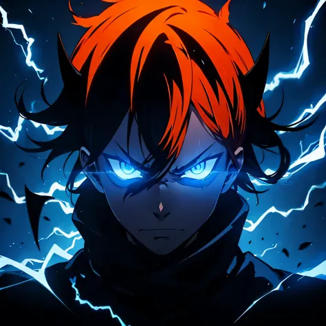 minimalistic, angry face, demon, only silhouette, dark shadow, blue glowing eyes, orange hair, with clean background, special ef...