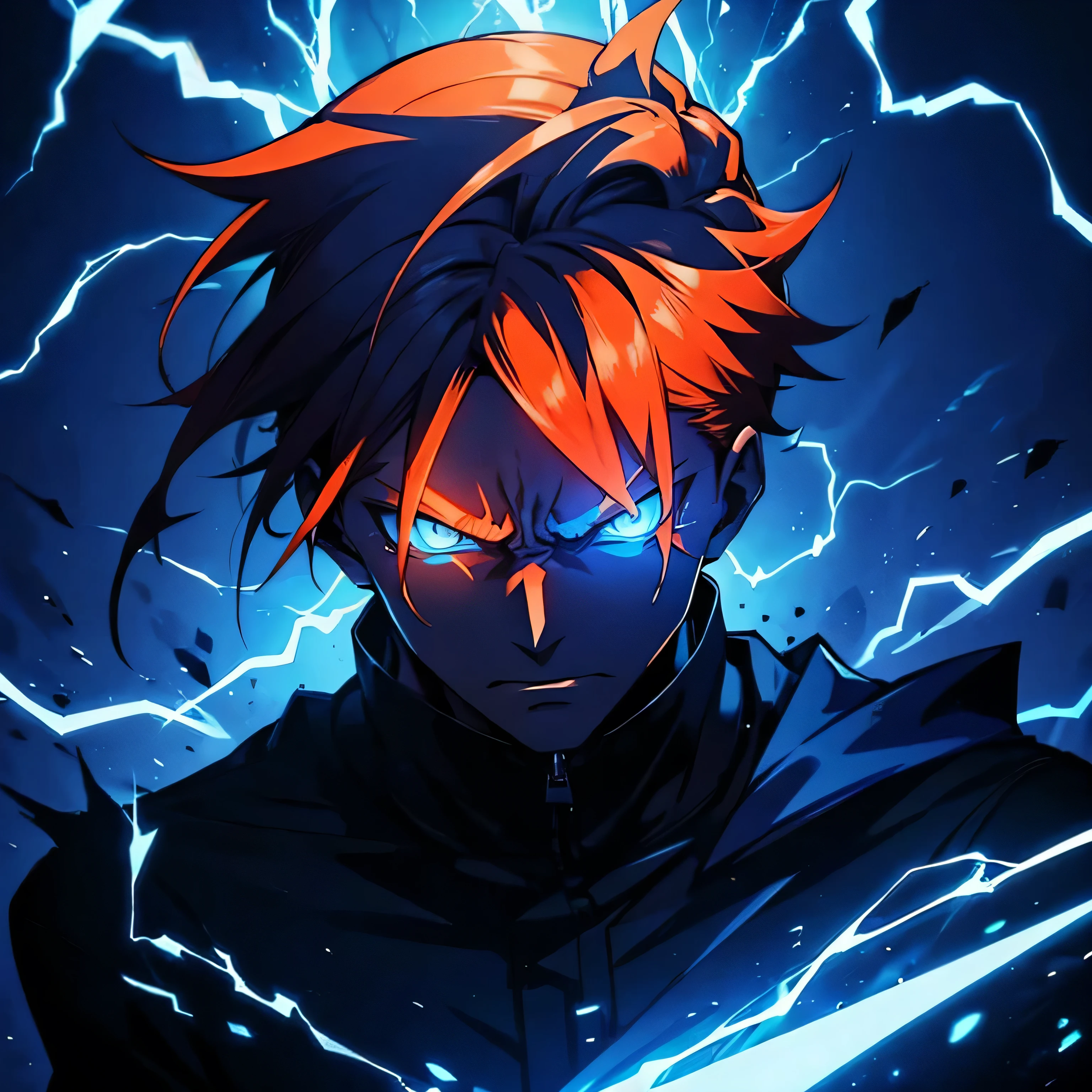minimalistic, angry face, rap artist, man, dark shadow only see blue glowing eyes, orange hair, with clean background, special effects, blue electric aura