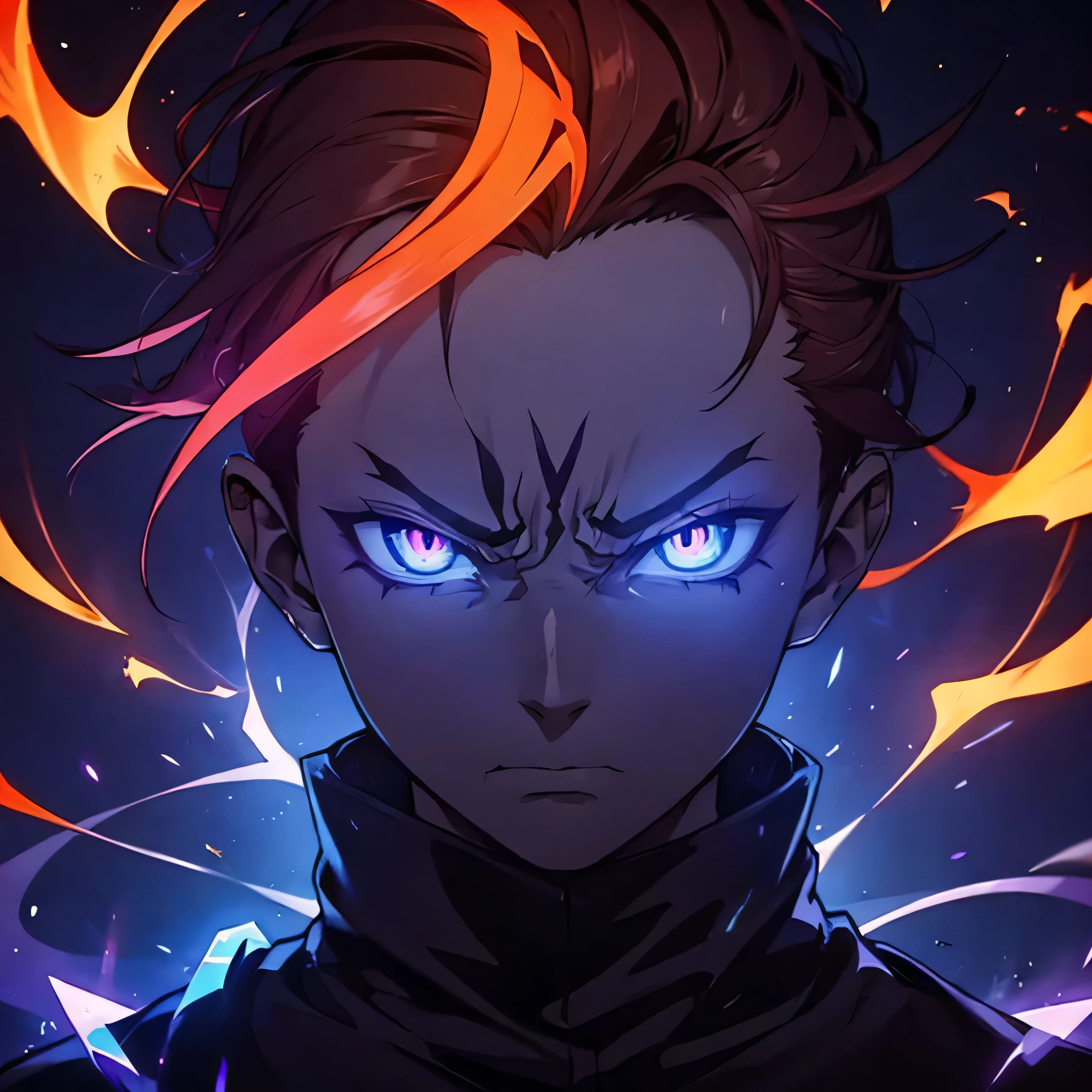 minimalistic, angry face, rap artist, man, dark shadow, left eye blue glowing, right eye purple glowing eye, a third eye in the middle of forehead, orange hair, with clean background, special effects, electric aura