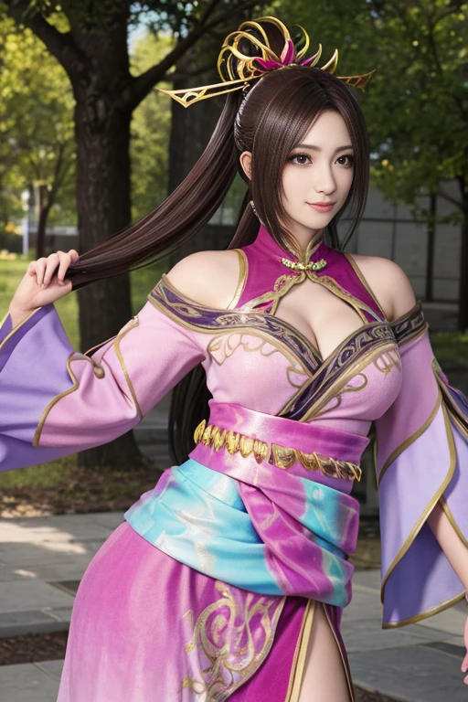 Diao Chan and men in Dynasty Warriors 8,超reality的な,hair ornaments,The perfect Diao Chan costume,Twin Tail Star Piece、Man and Diaochan couple,17-year-old high school student、smile,Fine Eyes、Puffy eyes、Bright outdoors,Bright downtown、highest quality, 超High resolution, (reality: 1.4), Cinema Lighting、Japanese、Asian Beauty、Korean、so beautiful、Beautiful Skin、Body facing forward、whole body,Upper Body、(超reality的な)、(High resolution)、(8k)、(Very detailed)、(美しくFine Eyes)、(Very detailed)、 (wall-)、Detailed face、Bright lighting、Professional Lighting、Looking at the audience、Look straight ahead、Diagonal bangs、Brown Hair、Nogizaka Idol、