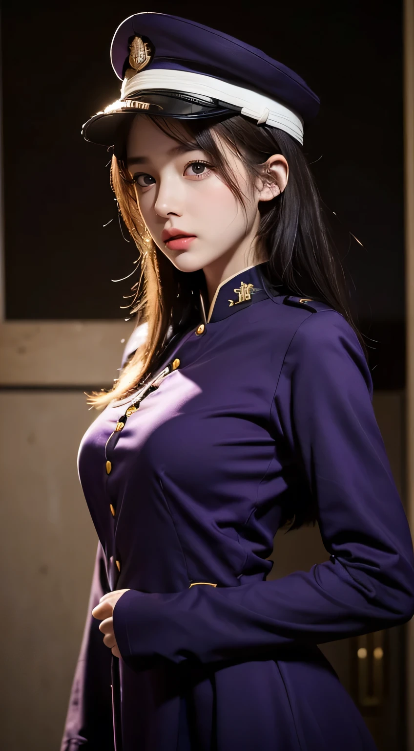 8k, la plus haute qualité, ultra detailed:1.37), Eliane, ((18 ans)), Une belle fille asiatique, ((proudly stands in a military uniform)), representing his role as a soldier, ((She is wearing a fitted purple dress)), L&#39;Image haute résolution capture un réalisme ultra détaillé, highlighting Eliane's determined expression, piercing eyes, et une attitude confiante. The backdrop highlights a forest, ajoutant à l&#39;authenticité et à la signification de l&#39;image. This visually striking representation showcases Eliane's strength and dedication as a soldier, jolis genoux, ((lac)), ((pins)), ((detailed face)), ((silhouette parfaite)), ((detailed hair)), ((detailed dress)),