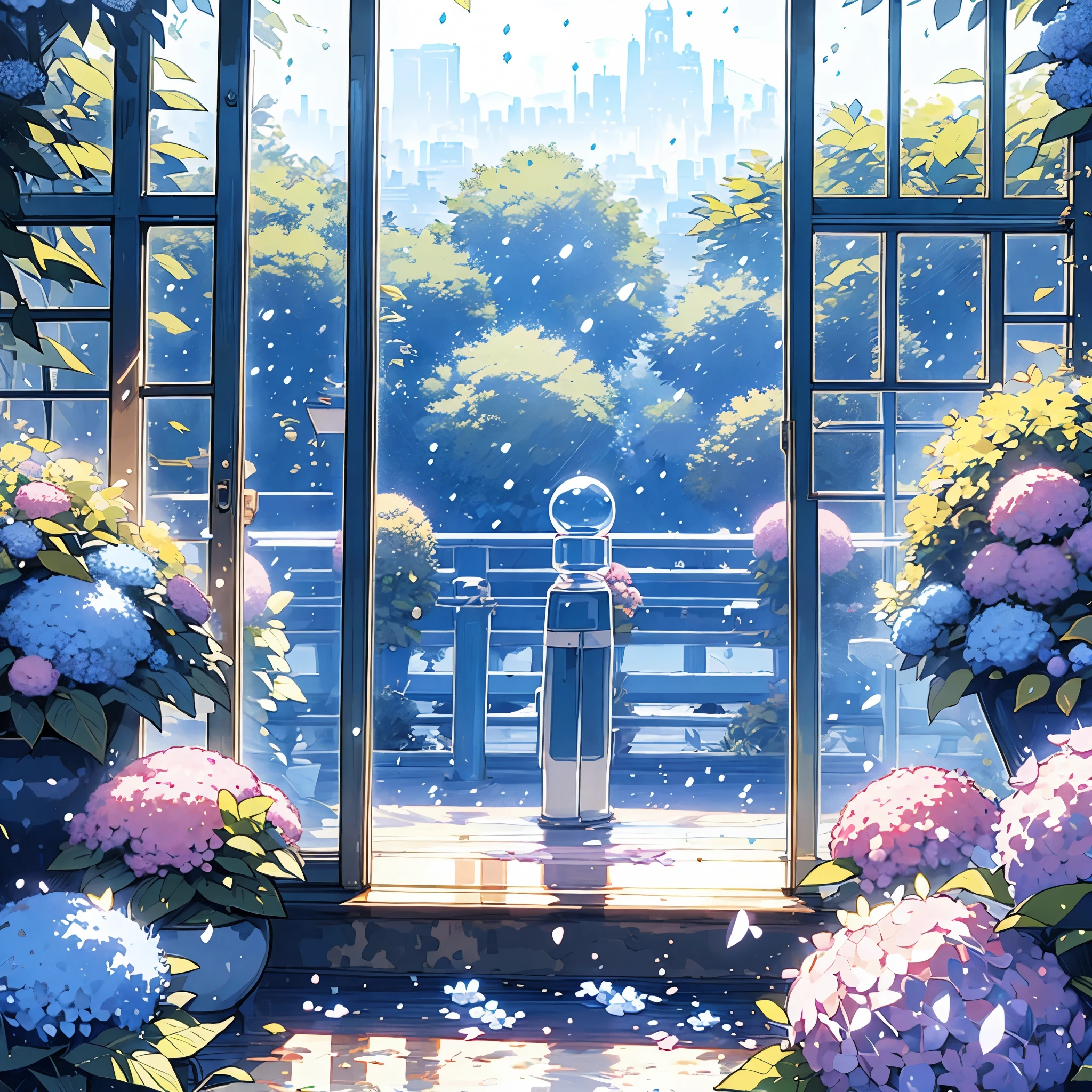 ((masterpiece)), ((best quality)), ((background)), ((no people)), (pastel colored theme), scene, raining, hydrangea