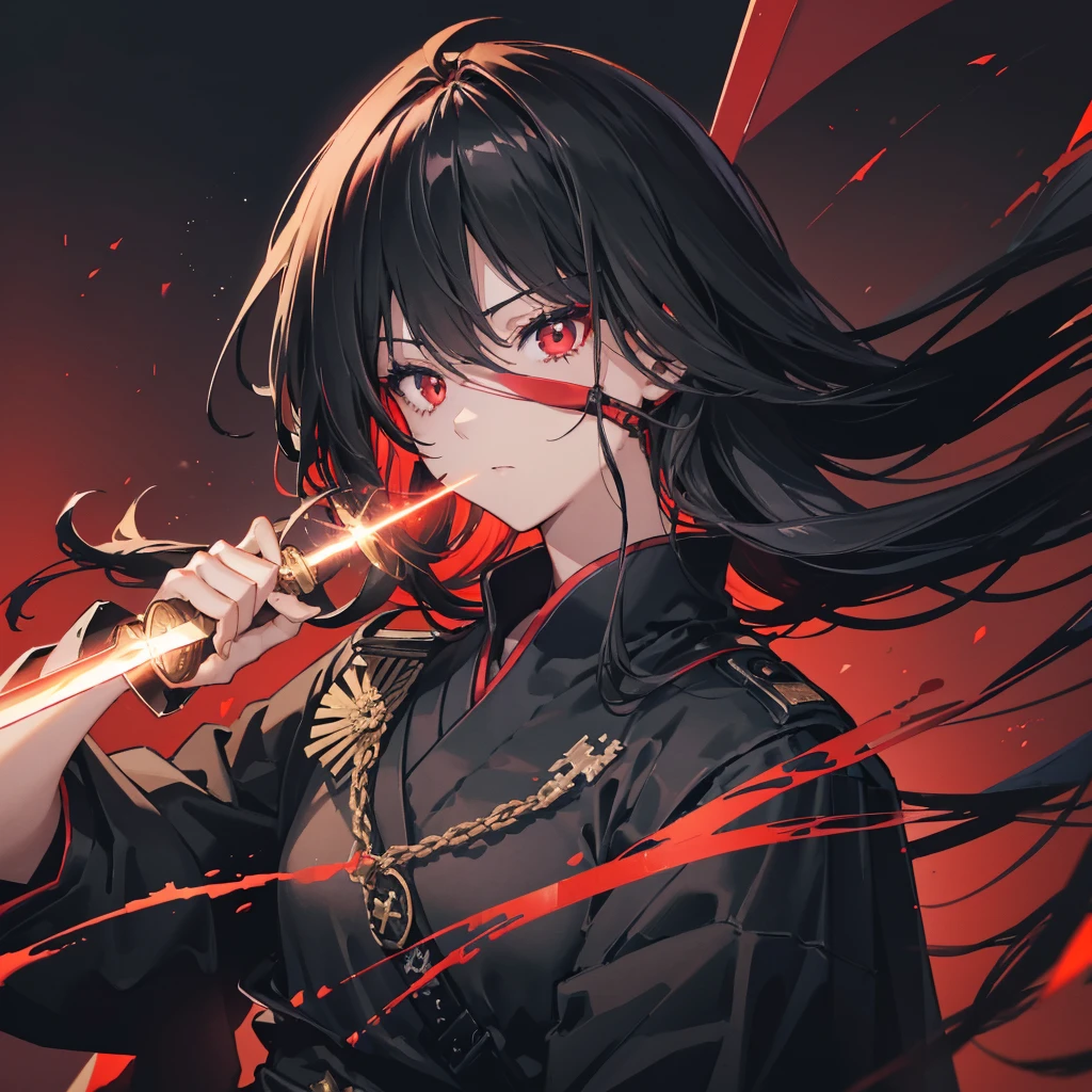 ((blackい髪　Long Hair　black　Military commander　one person　Lonely　Red Flag　Eye patch))　((night　Japanese style　old　Shining Aura))　(Dance　Flame Blade　Shining Japan sword　Draw your sword)　moon　star　Draw your sword　Slashing　Catch the wind　print　Tense face