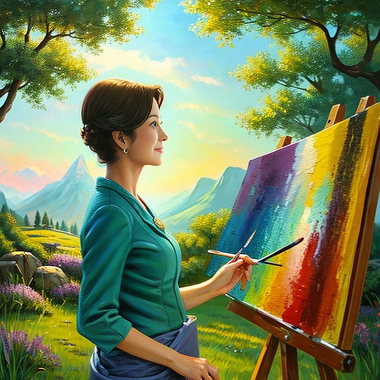 Woman painting a landscape、painter、Beautiful 40 year old mature woman、