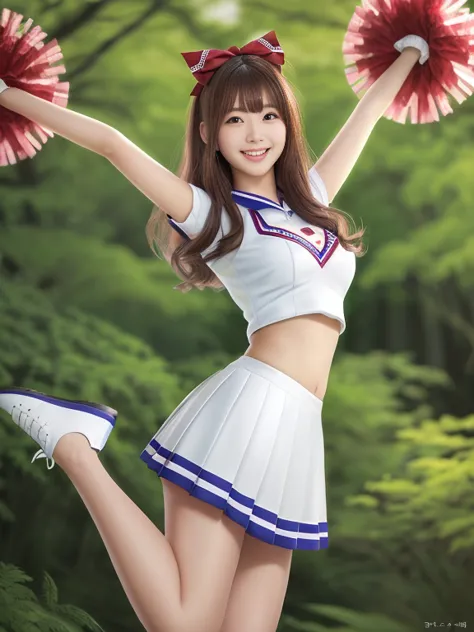 Photo-realistic quality、Dressed in cheerleader outfits, posing for photos in the woods２０Old Japanese woman, Japanese girl in che...