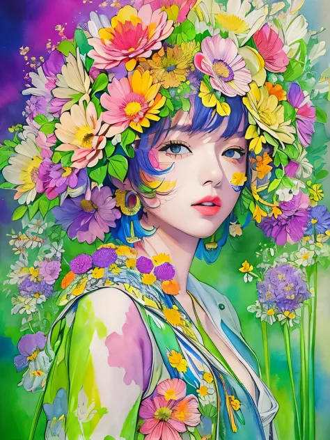 hiromi matsuo style、(((stylish fashion))), 8k quality、intense watercolor, detailed watercolor art, watercolor splash, surreal, a...