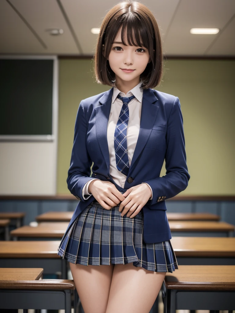(8k, RAW Photos, highest quality), Stand in the classroom of school, (((((((One woman))))))), ((Brown Hair)), ((Short Bob Hair)), ((Detailed eyes)), ((smile)), ((White blouse)), ((tie)), (((Dark blue closed blazer))), (((A blue plaid pleated miniskirt that wraps around the hips))), Asymmetrical bangs, 少しのsmile, Thighs, knees, Random pose，pretty girl，Slender girl