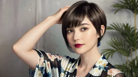 228 (20-year-old woman,floral clothes),  ((beautiful hairstyles 46)), ((short hair:1.46)),  (lipstick)