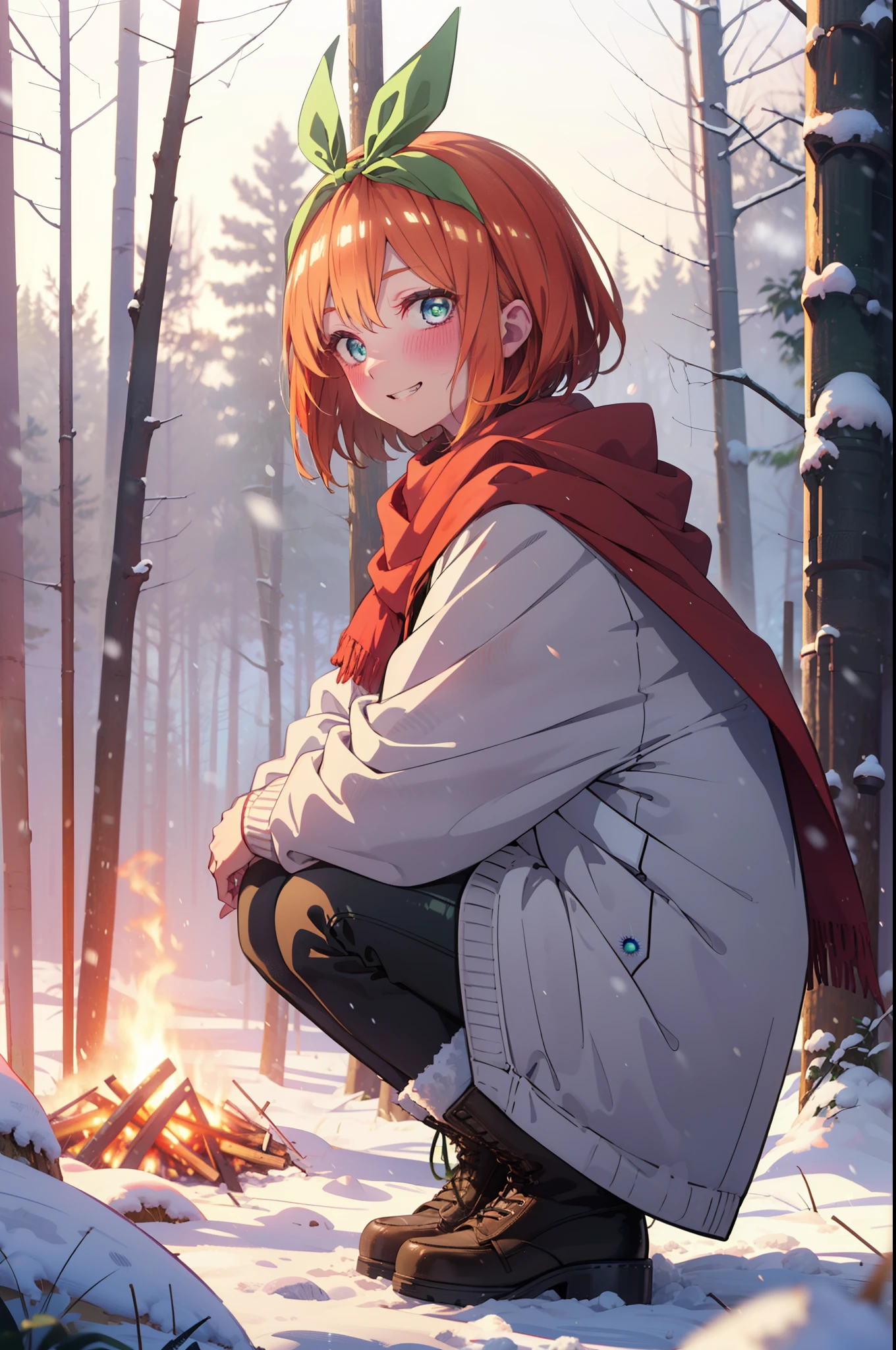 yotsubanakano, yotsuba nakano, bangs, short hair, blue eyes, Hair between the eyes, Hair Ribbon, hair band, Orange Hair, (Green ribbon:1.5), smile, Grin,smile,blush,White Breath,
Open your mouth,snow,Ground bonfire, Outdoor, boots, snowing, From the side, wood, suitcase, Cape, Blurred, Increase your meals, forest, White handbag, nature,  Squat, Mouth closed, フードed Cape, winter, Written boundary depth, Black shoes, red Cape break looking at viewer, Upper Body, whole body, break Outdoor, forest, nature, break (masterpiece:1.2), highest quality, High resolution, unity 8k wallpaper, (shape:0.8), (Beautiful and beautiful eyes:1.6), Highly detailed face, Perfect lighting, Highly detailed CG, (Perfect hands, Perfect Anatomy),