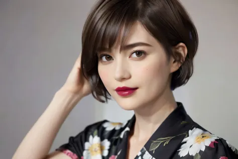 228 (20-year-old woman,Floral clothes),  ((Beautiful Hairstyles 46)), ((short hair:1.46)),  (lipstick)