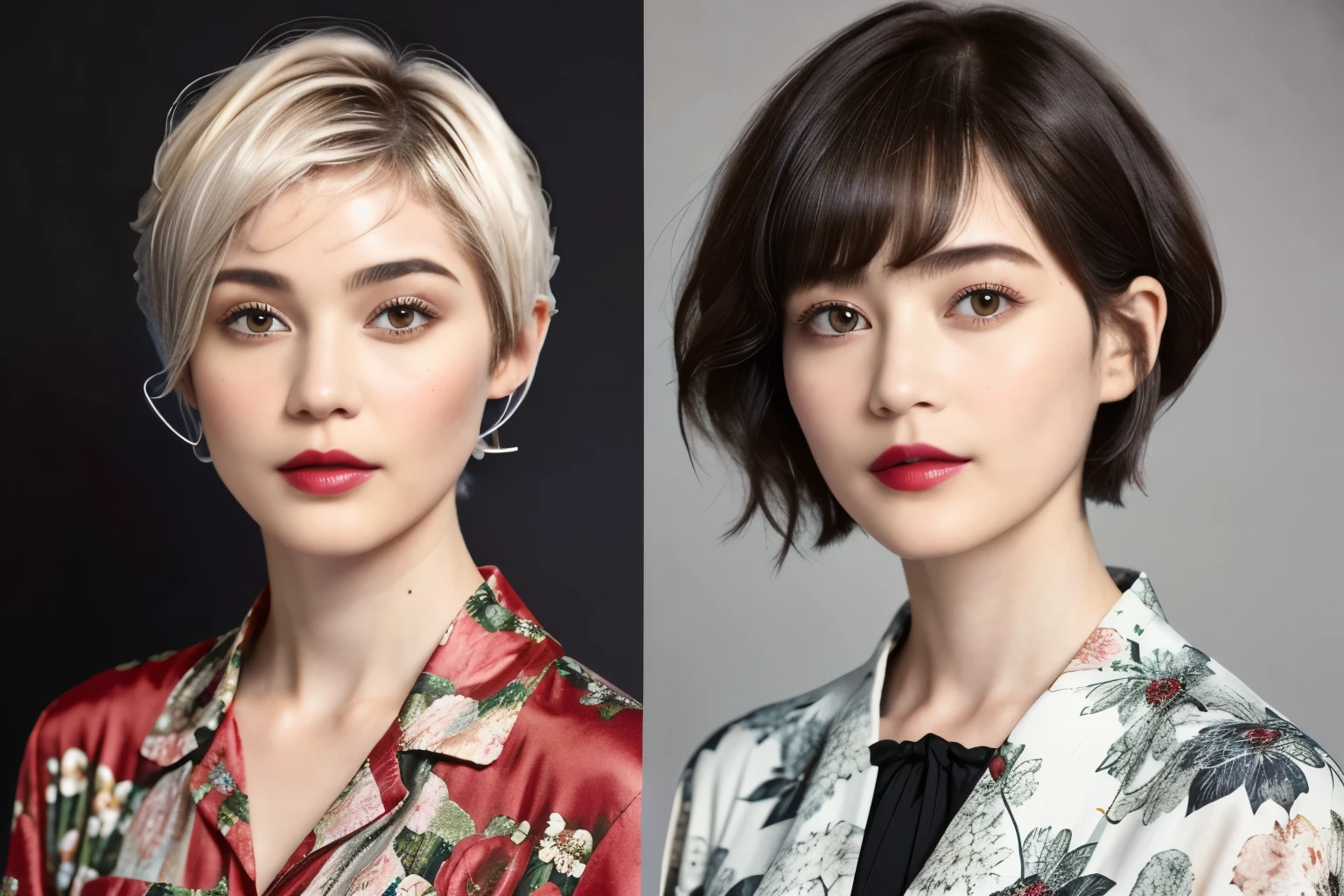 228 (20-year-old woman,Floral clothes),  ((Beautiful Hairstyles 46)), ((short hair:1.46)),  (lipstick)