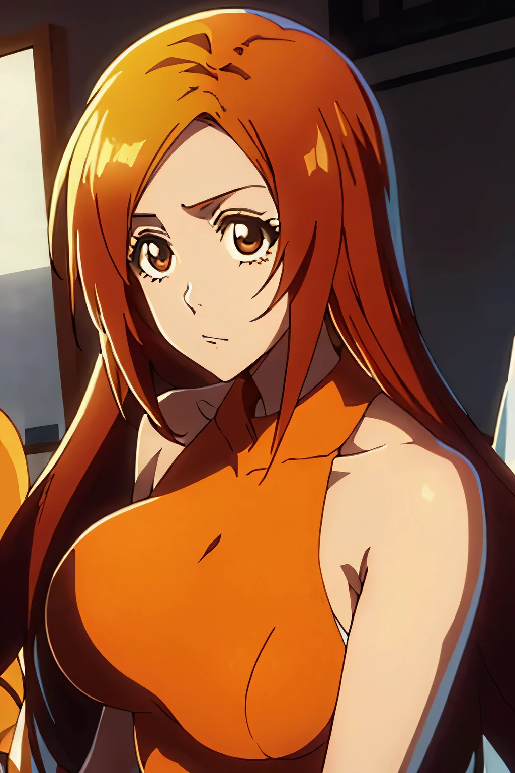 Anime girl with long red hair and orange dress standing in front of a  window - SeaArt AI