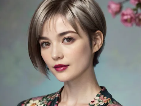 228 (20-year-old woman,floral clothes),  ((beautiful hairstyles 46)), ((short hair:1.46)),  (lipstick)