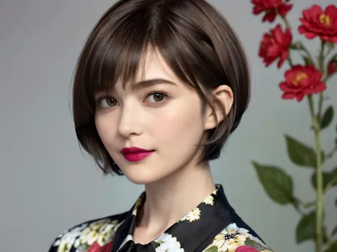 228 (20-year-old woman,Floral clothes),  ((Beautiful Hairstyles 46)), ((short hair:1.46)),  (lipstick)