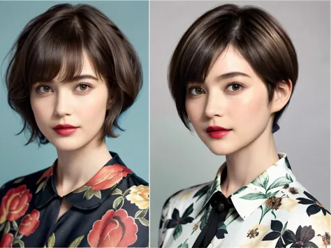 228 (20-year-old woman,floral clothes),  ((beautiful hairstyles 46)), ((short hair:1.46)),  (lipstick)