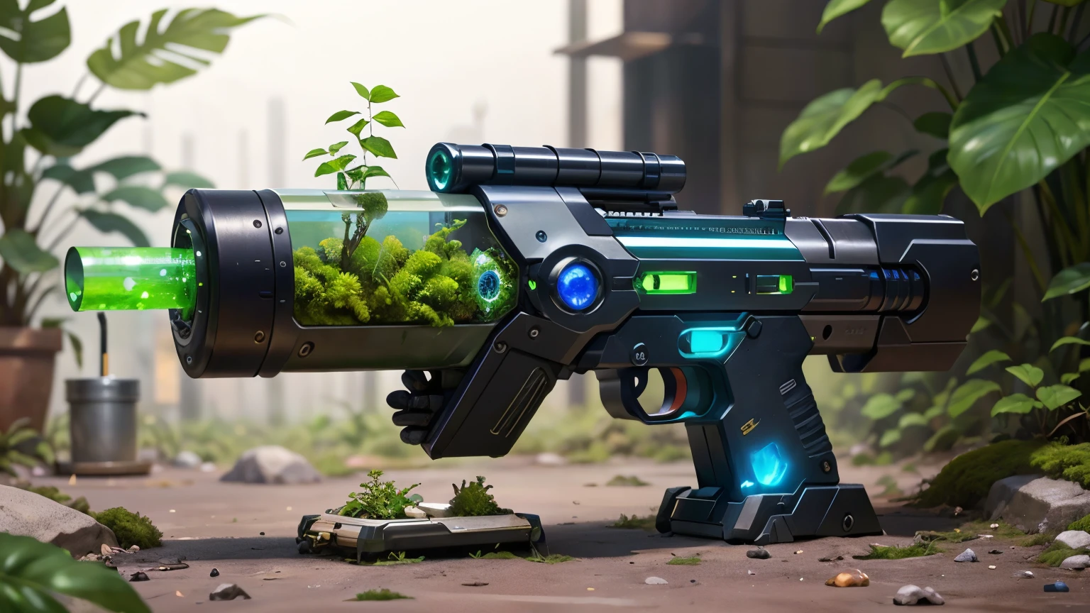 Concept gun design, Science Fiction，unmanned，Gun with plants and crystals，Glowing gun，Plant and machine combination，moss，The vine plant attached to the gun，cgi，Realism，Stereo，Light and Shadow，Place on the ground