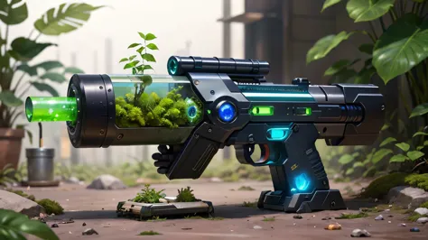 Concept gun design, Science Fiction，unmanned，Gun with plants and crystals，Glowing gun，Plant and machine combination，moss，The vin...