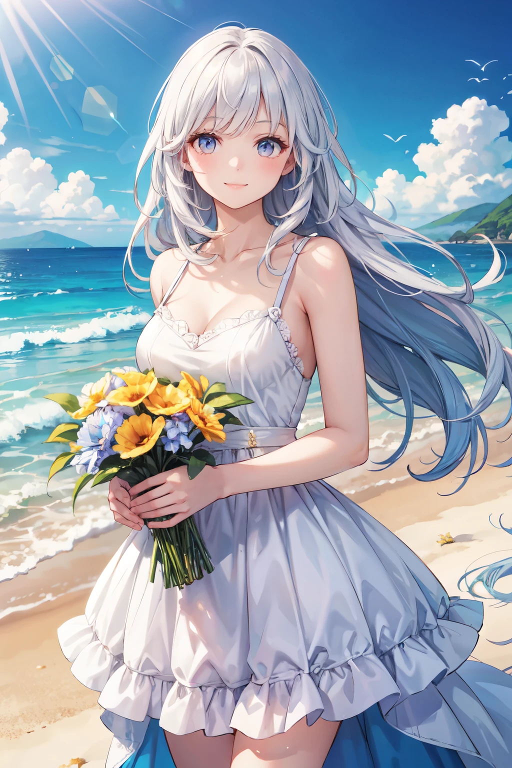 une belle femme, un blanc et une robe, dans une belle plage, cheveux longs en désordre, Flirt, léger sourire, tenant des fleurs, Ultra HD, Réaliste, couleurs vives, Détails élevés, Dessin UHD, composition parfaite, beau complexe détaillé
