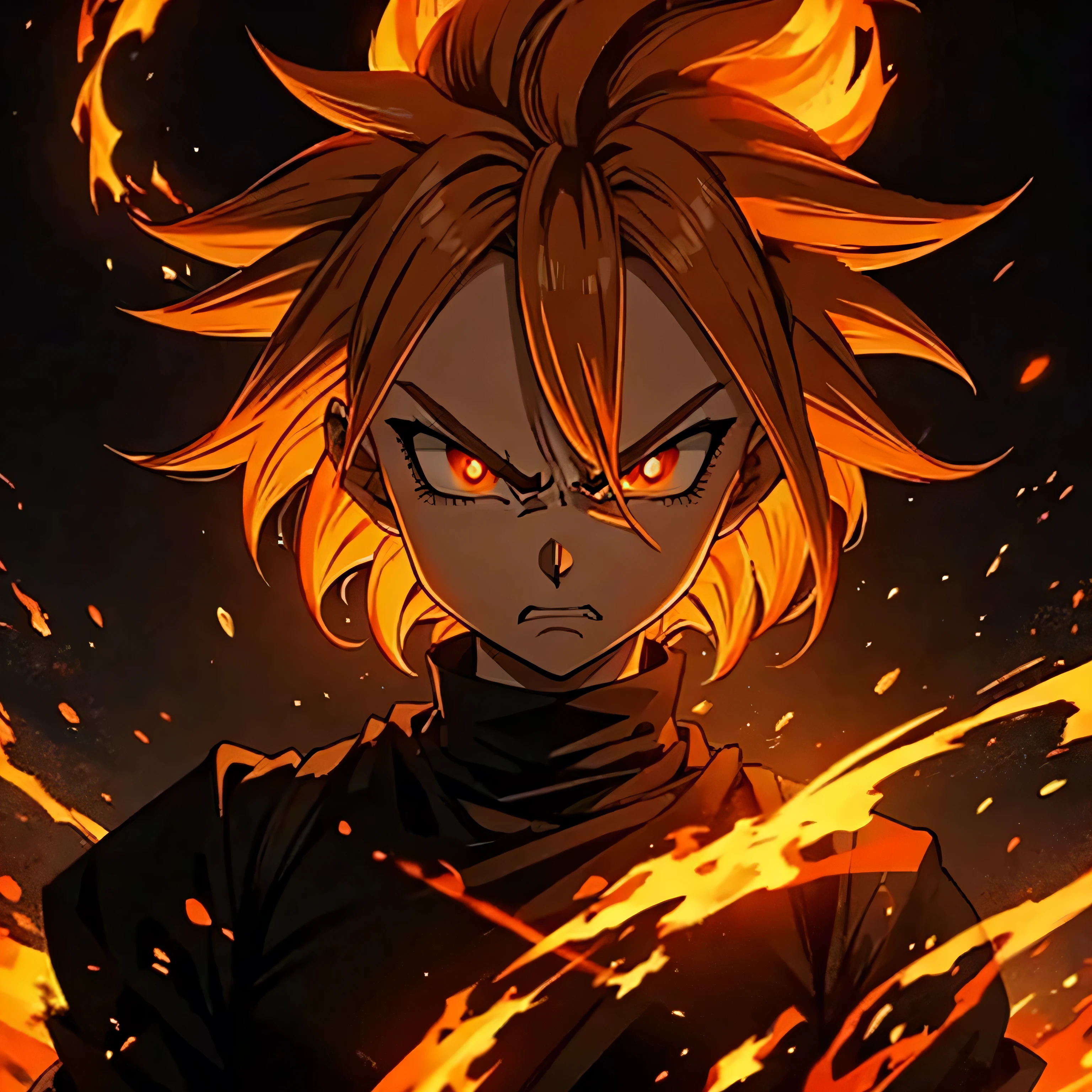 minimalistic, angry face, demon, only silhouette, dark shadow, glowing eyes, orange hair, with clean background, special effects, dragonball aura