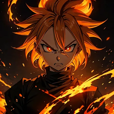 minimalistic, angry face, demon, only silhouette, dark shadow, glowing eyes, orange hair, with clean background, special effects...