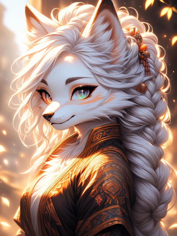 ( Absurdly , High quality , ultra detailed ) ,( hand detailed ) , absurdres(highly detailed beautiful face and eyes) Young Female white fox-cat (((medium breasts))) (short snout), (heterochromia (orange, violet)), (white hair (single-braided)), ((looking at viewer)) ((Female wolf)) (detailed eyes), ((((fluffy white fur)))) ((extremely detailed fur)) ((hair in face)) (big braid),  (heterochromia) (extremely detailed eyes) Chinese slit dress