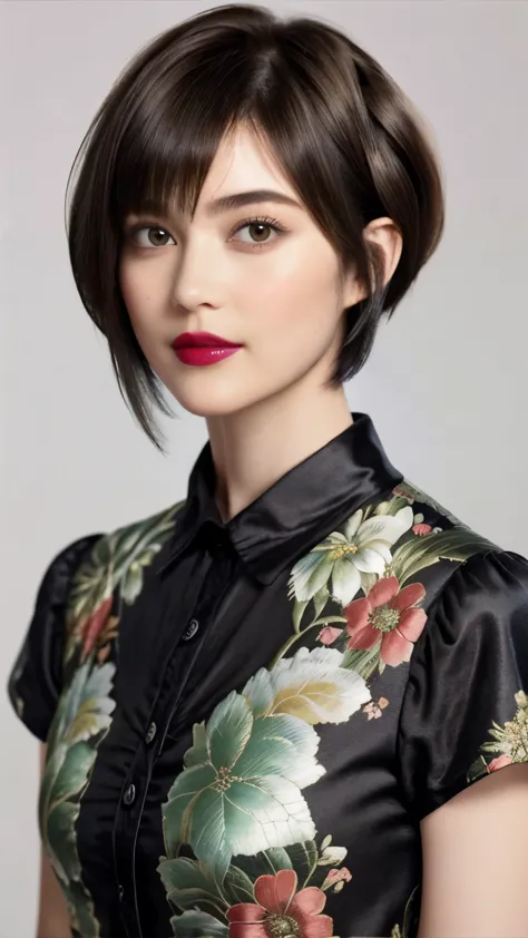 228 (20-year-old woman,floral clothes),  ((beautiful hairstyles 46)), ((short hair:1.46)),  (lipstick)