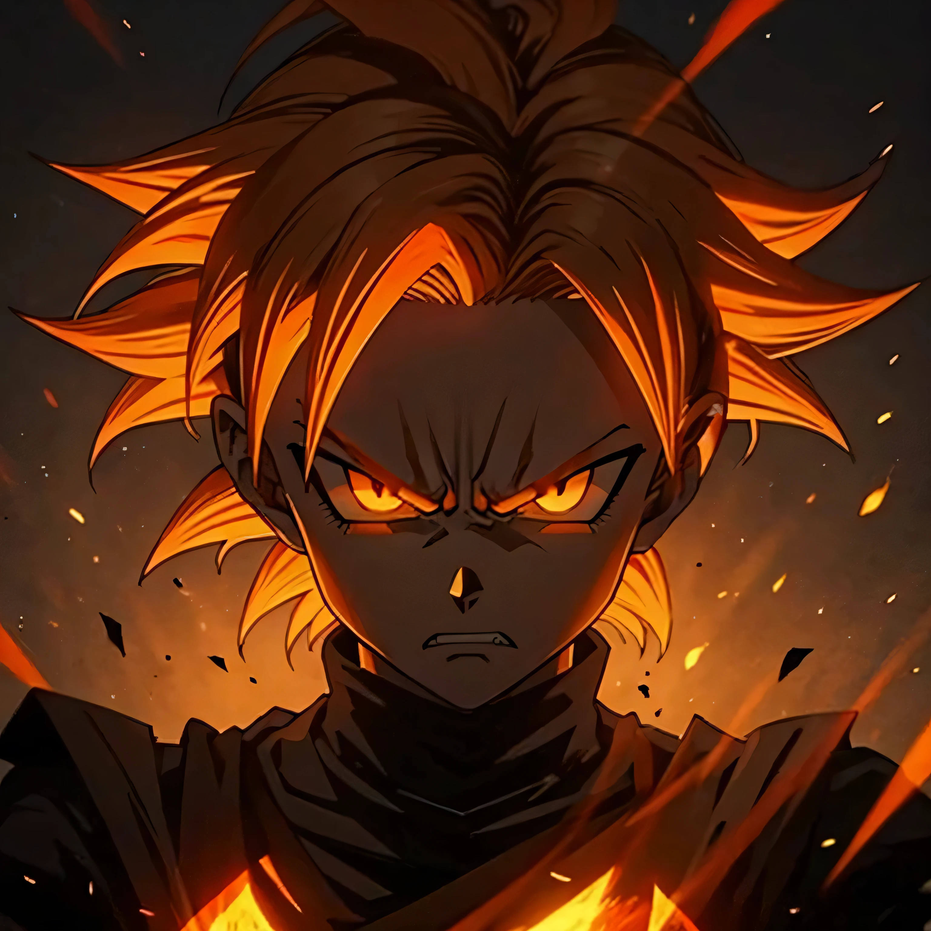 minimalistic, angry face, demon, only silhouette, dark shadow, glowing eyes, orange hair, with clean background, special effects, dragonball aura