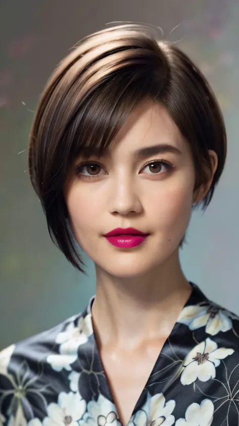 228 (20-year-old woman,floral clothes),  ((beautiful hairstyles 46)), ((short hair:1.46)),  (lipstick)