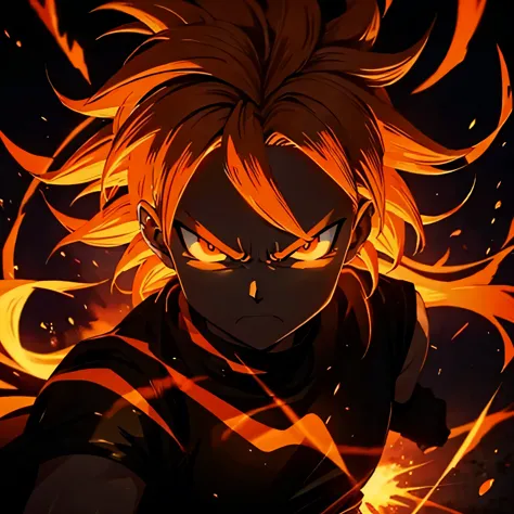 minimalistic, angry face, demon, only silhouette, dark shadow, glowing eyes, orange hair, with clean background, special effects...