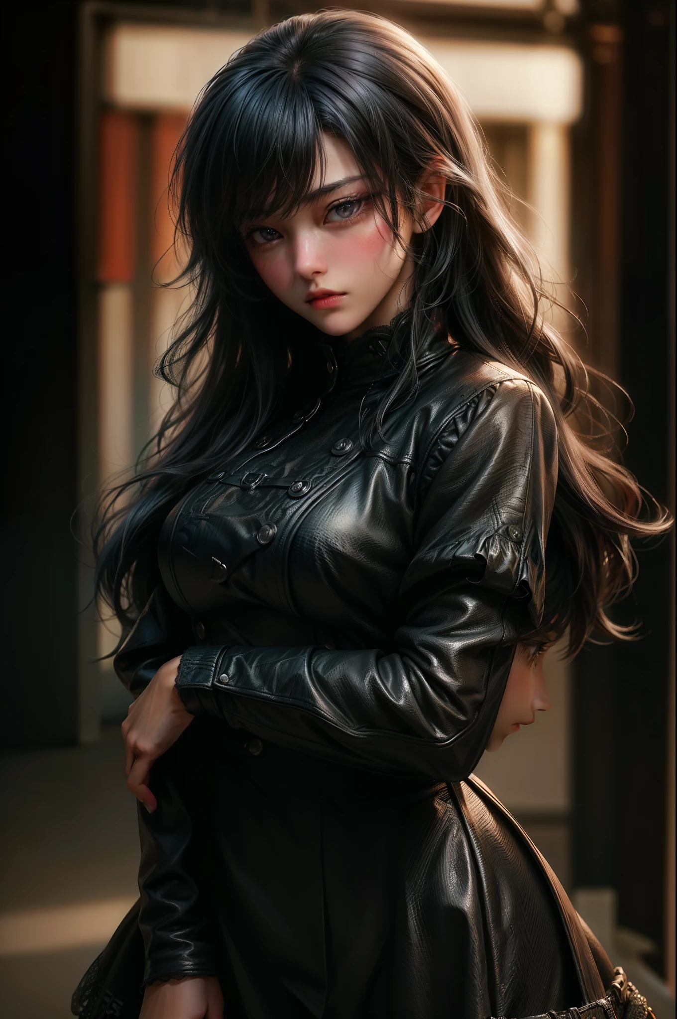 (Black rider jacket:1.1), (masterpiece, highest quality, pretty girl, Beautiful Face, 8k, RAW Photos, Realistic, Absurd:1.2), teens, Cowboy Shot, Dutch Angle, Face Light, Film Grain, chromatic aberration, High resolution, Super detailed, In detail, Light blue ruffle lace dress, Detailed skin, eyes and face, Sharp pupils, Realistic students, Sharp focus, street