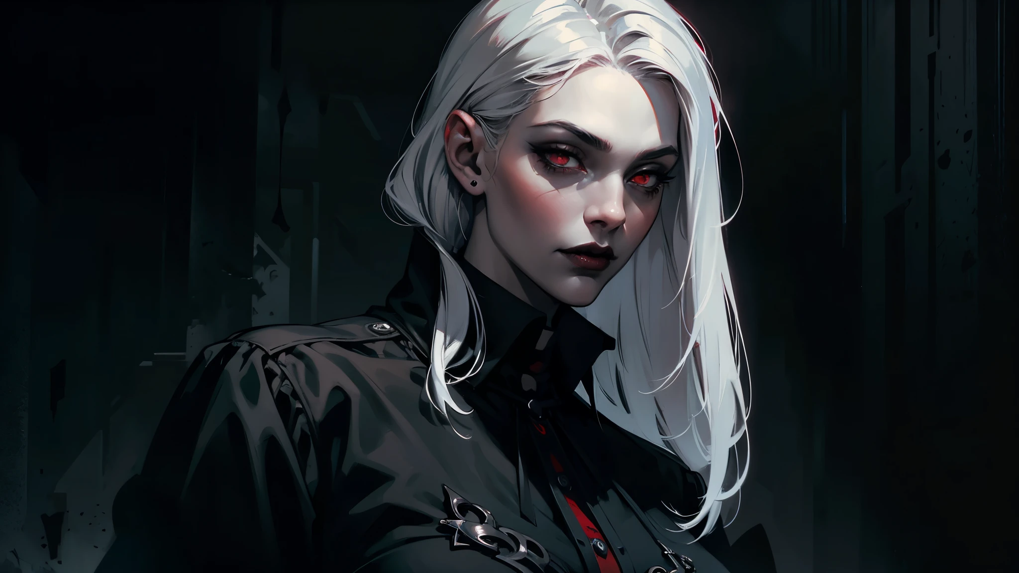 Woman with silver hair and red eyes in black shirt, black lips,  huge breasts, Vampire Girl, Dark, But detailed digital art, dark fantasy style art, Portrait of a vampire, androgynous vampire, Dark art style, style of charlie bowater, gothic horror vibes, tom bagshaw artstyle, gothic art style, dark fantasy portrait, neoartcore and charlie bowater