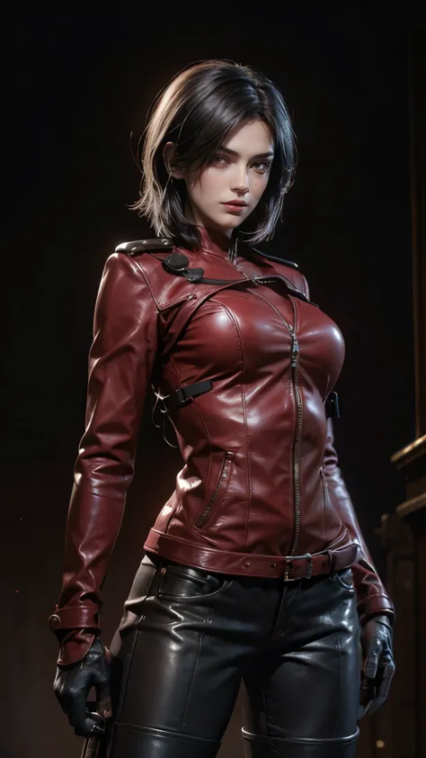 a beautiful 25 year old british female vampire mercenary with short dark hair, pale skin, wearing a red leather jacket and tight...