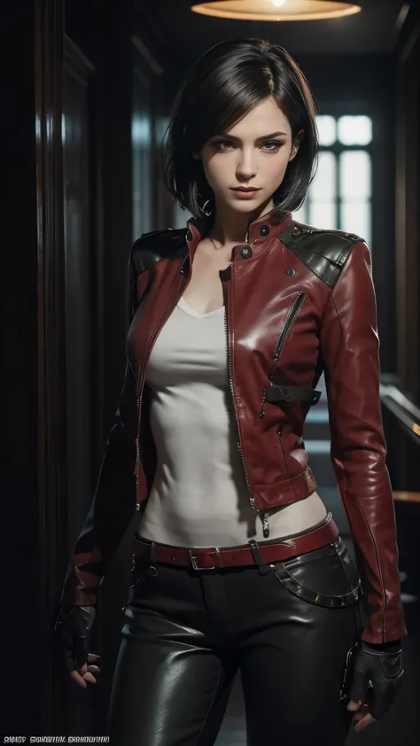 a beautiful 25 year old british female vampire mercenary with short dark hair, pale skin, wearing a red leather jacket and tight...