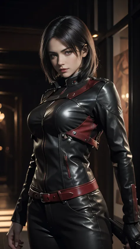 a beautiful 25 year old british female vampire mercenary with short dark hair, pale skin, wearing a red leather jacket and tight...