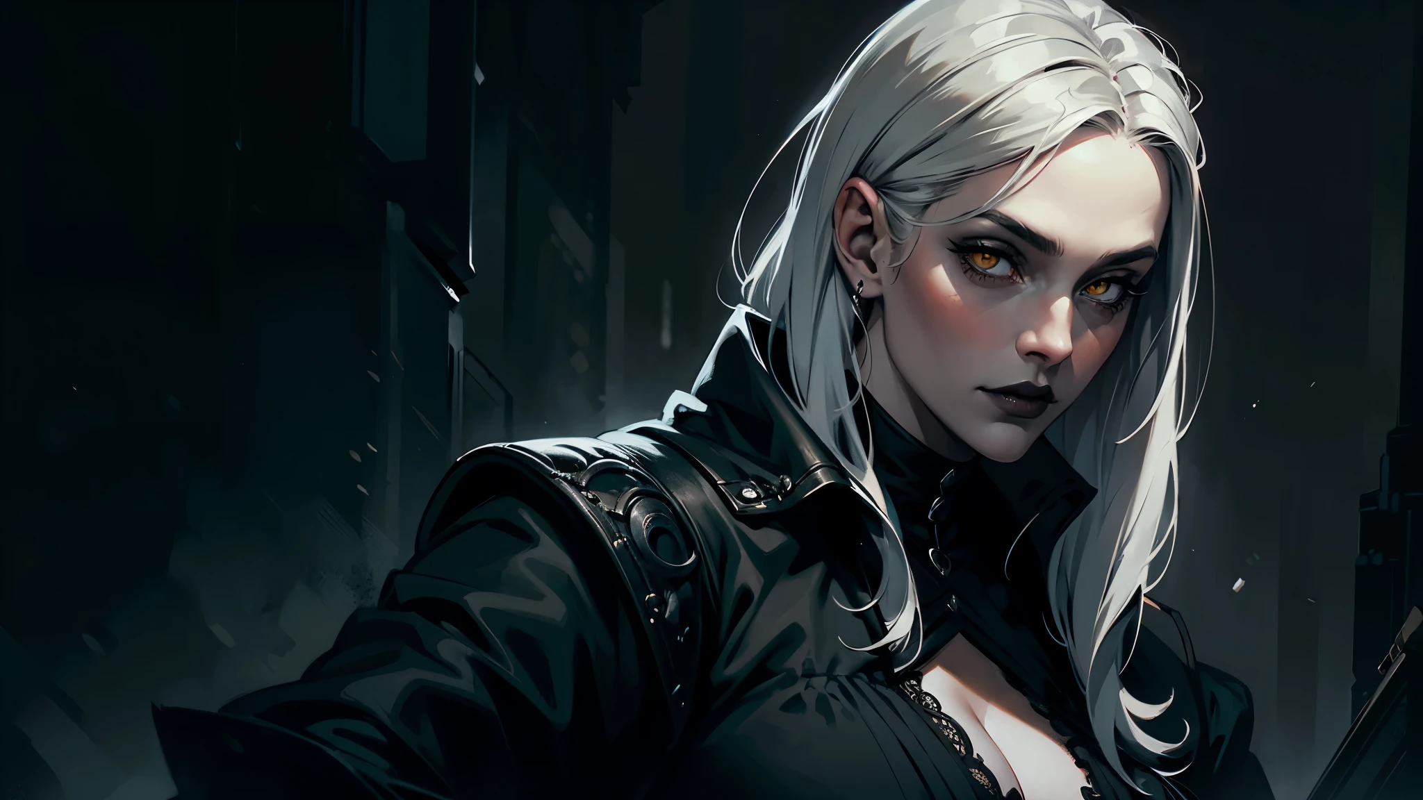 Woman with silver hair and yellow eyes in black shirt, black lips,  huge breasts, Vampire Girl, Dark, But detailed digital art, dark fantasy style art, Portrait of a vampire, androgynous vampire, Dark art style, style of charlie bowater, gothic horror vibes, tom bagshaw artstyle, gothic art style, dark fantasy portrait, neoartcore and charlie bowater